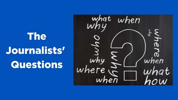 The Journalists' Questions example: Has a black chalkboard with a question mark and the words who, what, when, where, why, and how written on it.